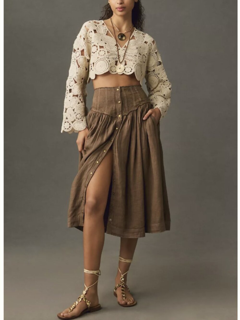 Anthropologie Linen Pleated Yoke-Waist Midi Skirt Size 8P Sand Boho Lagenlook